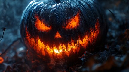Scary glowing jack-o'-lantern pumpkin with sharp teeth for Halloween night decor.