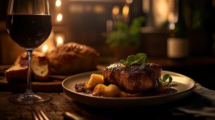 fine dining meal, with a glass of wine, food photography, award-winning photograph, Photorealistic, Canon EOS 5D Mark IV DSLR, professional lighting set up8k, moody lighting.generative ai
