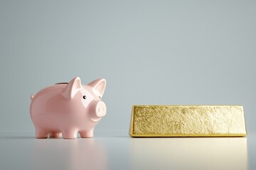 A piggy bank and gold bar placed side by side, symbolizing secure investment options, with copy space on a neutral background.