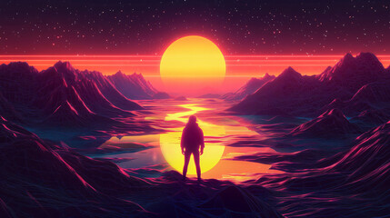 Fototapeta premium stunning digital landscape featuring silhouetted figure against vibrant sunset. scene showcases mountains and reflective body of water, creating surreal atmosphere