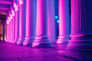 Naklejka premium Row of white pillars with pink lights in the background, ideal for use as a decorative element or in a romantic setting