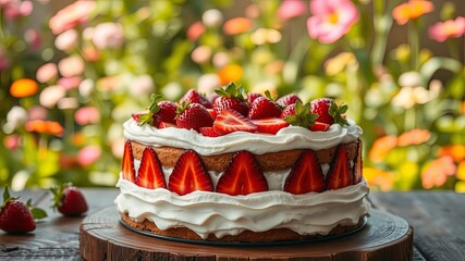 A delicate cake, adorned with ripe strawberries and fluffy whipped cream, rests on a rustic wooden surface, inviting a moment of sweet indulgence in the warm embrace of a blooming garden.