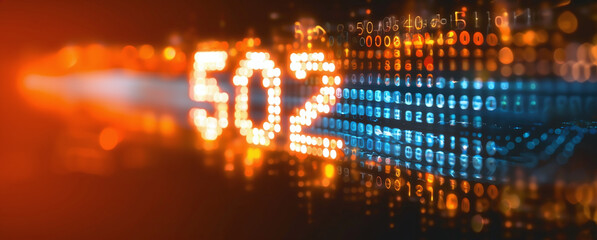Digital futuristic background featuring glowing numbers 502 ,error code of Bad Gateway,  with vibrant orange and blue hues creating sense of chaos and energy
