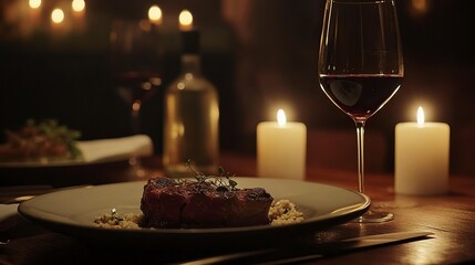 fine dining meal, with a glass of wine, food photography, award-winning photograph, Photorealistic, Canon EOS 5D Mark IV DSLR, professional lighting set up8k, moody lighting.generative ai