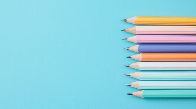 A row of colorful pencils neatly arranged on a light blue background, showcasing vibrant colors and sharpened tips.