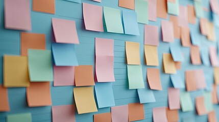 A colorful array of sticky notes covers a blue wall, showcasing a vibrant mix of pink, yellow, and turquoise papers, often used for brainstorming or reminders.