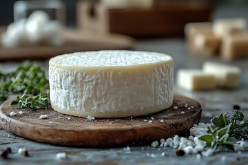 A wheel of brie cheese on a wooden board with fresh thyme.