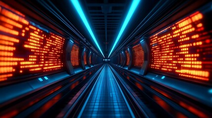 Fototapeta premium Exploring the futuristic aesthetics of a high-tech tunnel with vibrant digital displays and led lighting