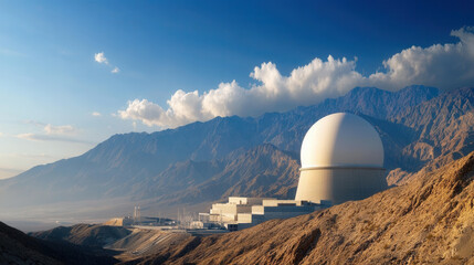 Nuclear power plant surrounded by dramatic mountain range under clear blue sky. landscape showcases contrast between technology and nature beauty