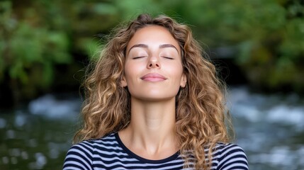 Naklejka premium Woman with Closed Eyes Relaxed and Peaceful by the River