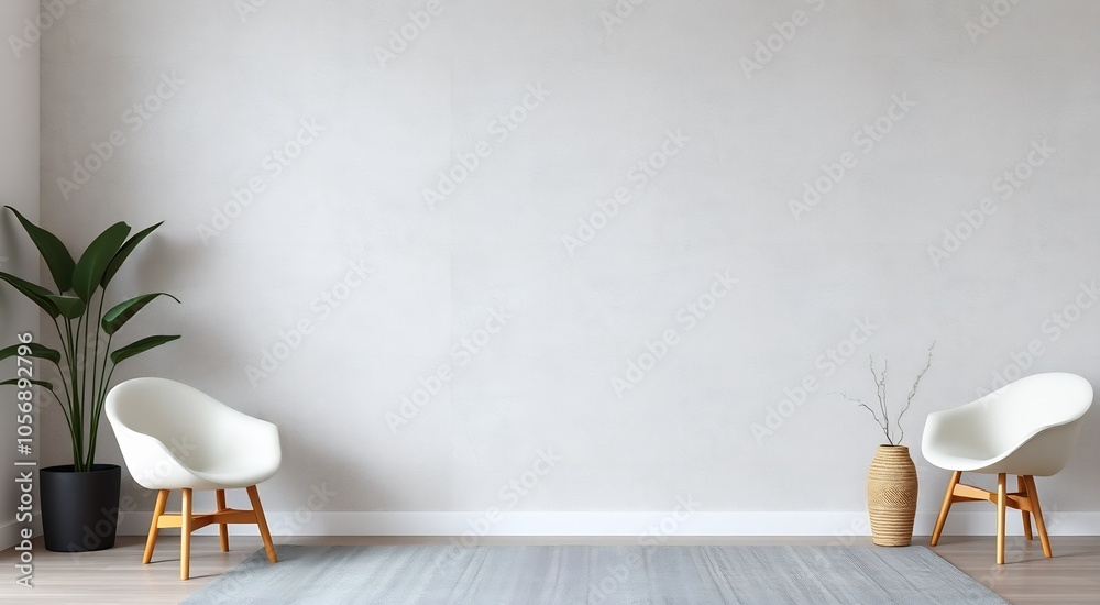 Wall mural minimalist living room interior with two white chairs and a plant.