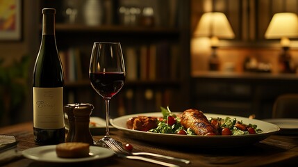 fine dining meal, with a glass of wine, food photography, award-winning photograph, Photorealistic, Canon EOS 5D Mark IV DSLR, professional lighting set up8k, moody lighting.generative ai
