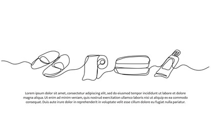 Continuous one line design of bathroom equipment. Minimalist style vector illustration on white background.