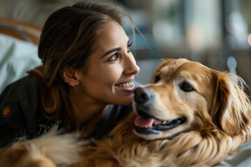 Happy Dog at Pet Grooming Salon with Smiling Groomer in Modern Facility