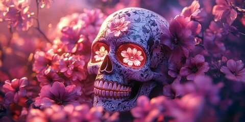Day of the Dead skull with flowers and colorful geometric designs, symbolizing Mexican heritage