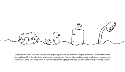 Continuous one line design of bathroom equipment. Minimalist style vector illustration on white background.