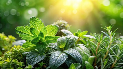 Fresh herbs covered in morning dew, herbs, fresh, green, dew, morning, nature, plants, leaves, wet, water droplets