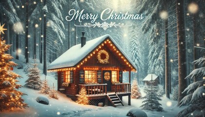 Cute winter cabin surrounded by pine trees with gentle snow falling Christmas illustration