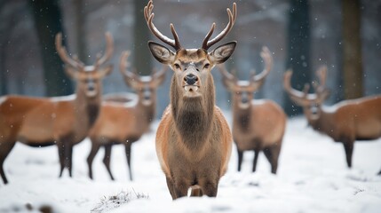 Fototapeta premium A group of deer with antlers standing in a snowy forest. The main focus is on a prominent stag in the foreground, with other deer slightly blurred in the background.