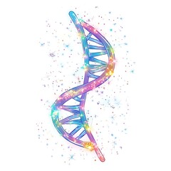 Cartoon DNA helix with sparkles around it on a white background.