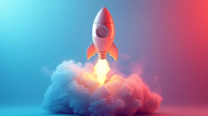 White Rocket Launching Through a Cloud of Smoke in a Blue and Red Gradient Background