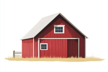 A picturesque rural scene featuring a red barn with a white roof and a fence