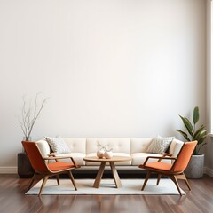 Modern living room with white sofa, orange chairs, and coffee table.