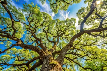 Fototapeta premium Oak tree branches stretching towards the sky with leaves rustling in wind, landscape, movement