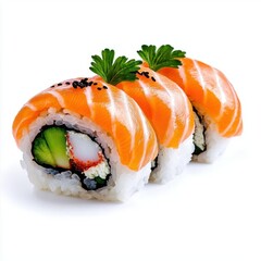 A photostock of sushi rolls with fresh fish on a white background, colorful and fresh.