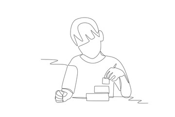 Children playing with building blocks. Children games concept one-line drawing