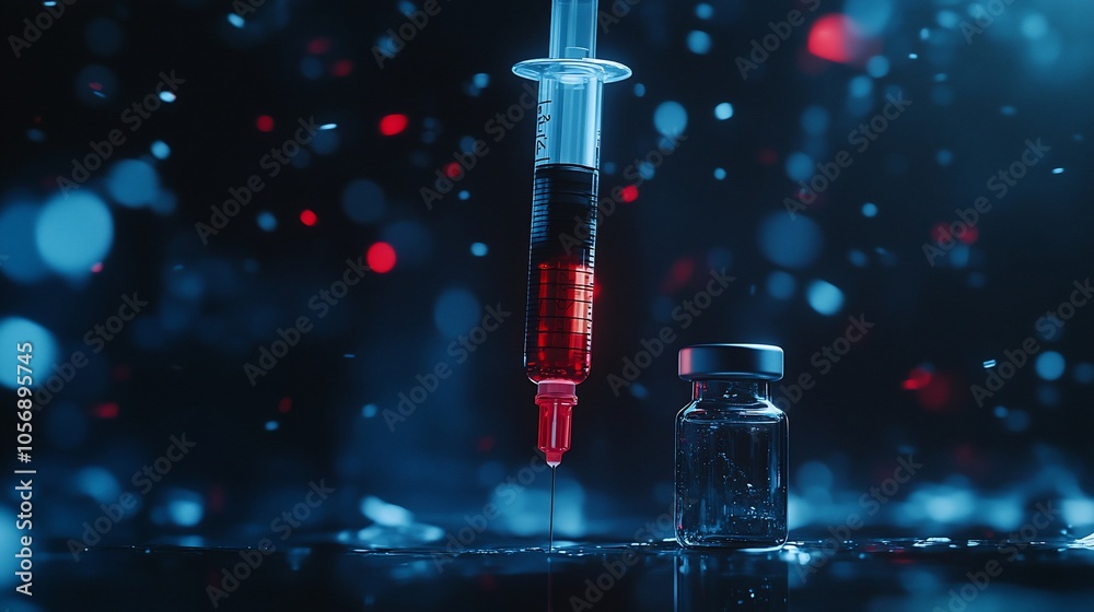 Poster Close-up of a syringe filled with red liquid and a vial on a dark surface with blue and red bokeh lights.