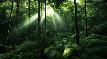 Fototapeta premium Dense tropical rainforest with sunlight streaming through tall trees creating beams of light among lush green vegetation and ferns.