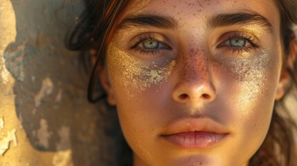 A close-up of a woman's face showing her freckles, suitable for personal or editorial use