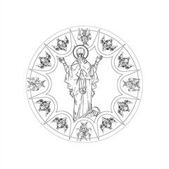 Sisoes the Great (name english) sky round dome with 4 apostles and seraphim. Coloring page in Byzantine style