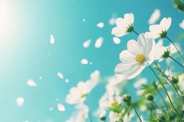 Daisies with Falling Petals and Blue Sky Background