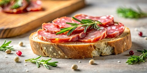 Close up of a delicious antipasto snack featuring a slice of salami with bread and herbs under sunlight on a light table, salami