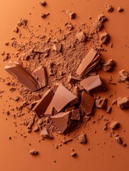 Decadent chocolate explosion featuring rich cocoa dust and textured shards for a tantalizing visual delight.