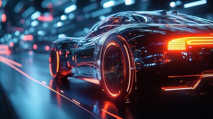 A futuristic car with neon lights on the wheels is driving down a road. The car is surrounded by...