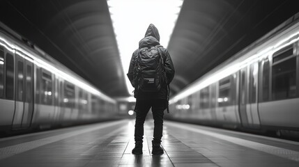 Fototapeta premium a black-white full body, back view photo of a Backpacker of age 20-25 standing on a metro platform moving metro train on background. cinematic. highly detailed, high resolution for magazine.