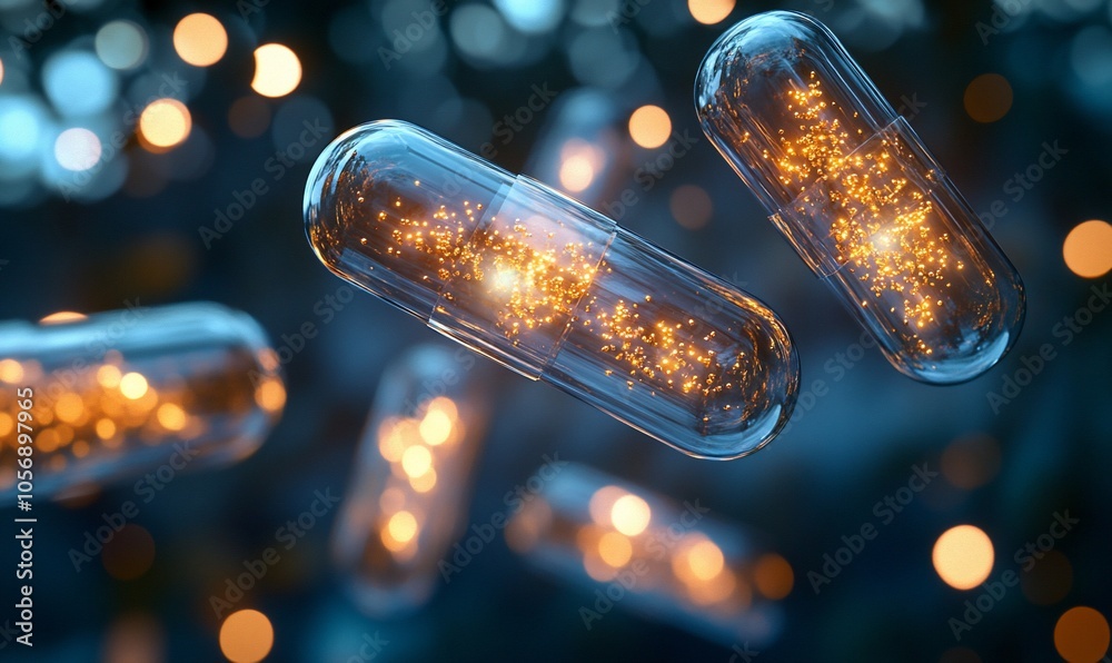 Poster close-up of transparent capsules filled with glowing particles, against a dark blue background with 