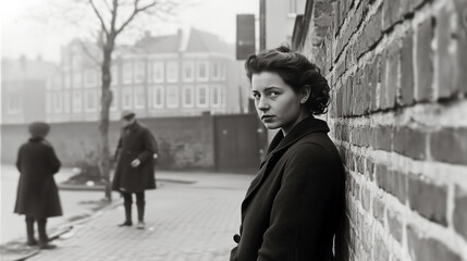 1940s style image, young woman against a wall in Amsterdam