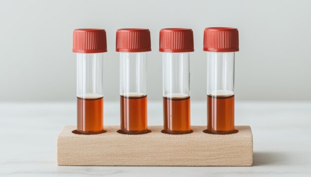Four test tubes with reddish liquid on a wooden stand against a neutral background.