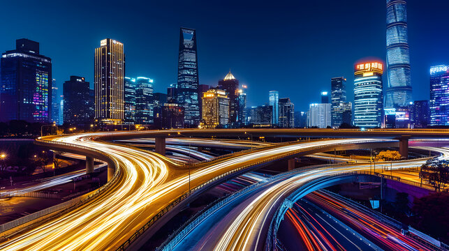 Urban nightscape with vibrant light trails