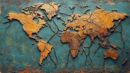 A Cracked, Embossed World Map on a Rusted, Teal Background