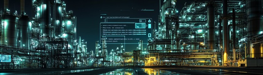 Fototapeta premium Futuristic industrial cityscape glowing with neon lights at night, showcasing urban technology and architecture reflections on water.