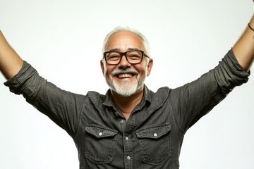 Fototapeta premium A man with glasses excitedly raises his arms in celebration, possibly at a sports event or party