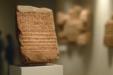 A high-resolution image of an ancient clay tablet with cuneiform inscriptions, displayed on a museum pedestal, emphasizing the historical significance and craftsmanship of early writing.