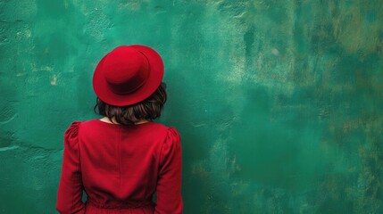 A woman wearing a bright red dress and matching hat, possibly for a formal occasion or holiday