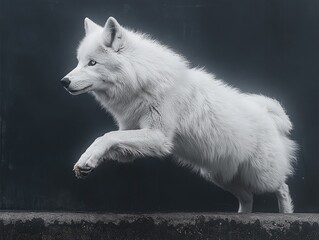 Obraz premium Arctic white wolf jumps under sunlight over rocks on snowy terrain