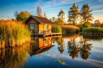 Obraz premium A serene waterside cabin surrounded by tall grasses reflects in calm waters under a colorful sky at sunset.